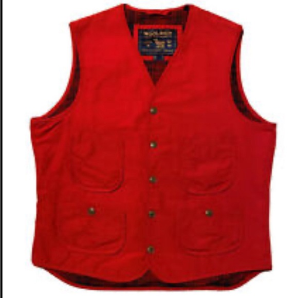 Woolrich Snap Down Red Tartan Lining Back Buckle Pockets Men's Vest Sz M EUC - Picture 1 of 10